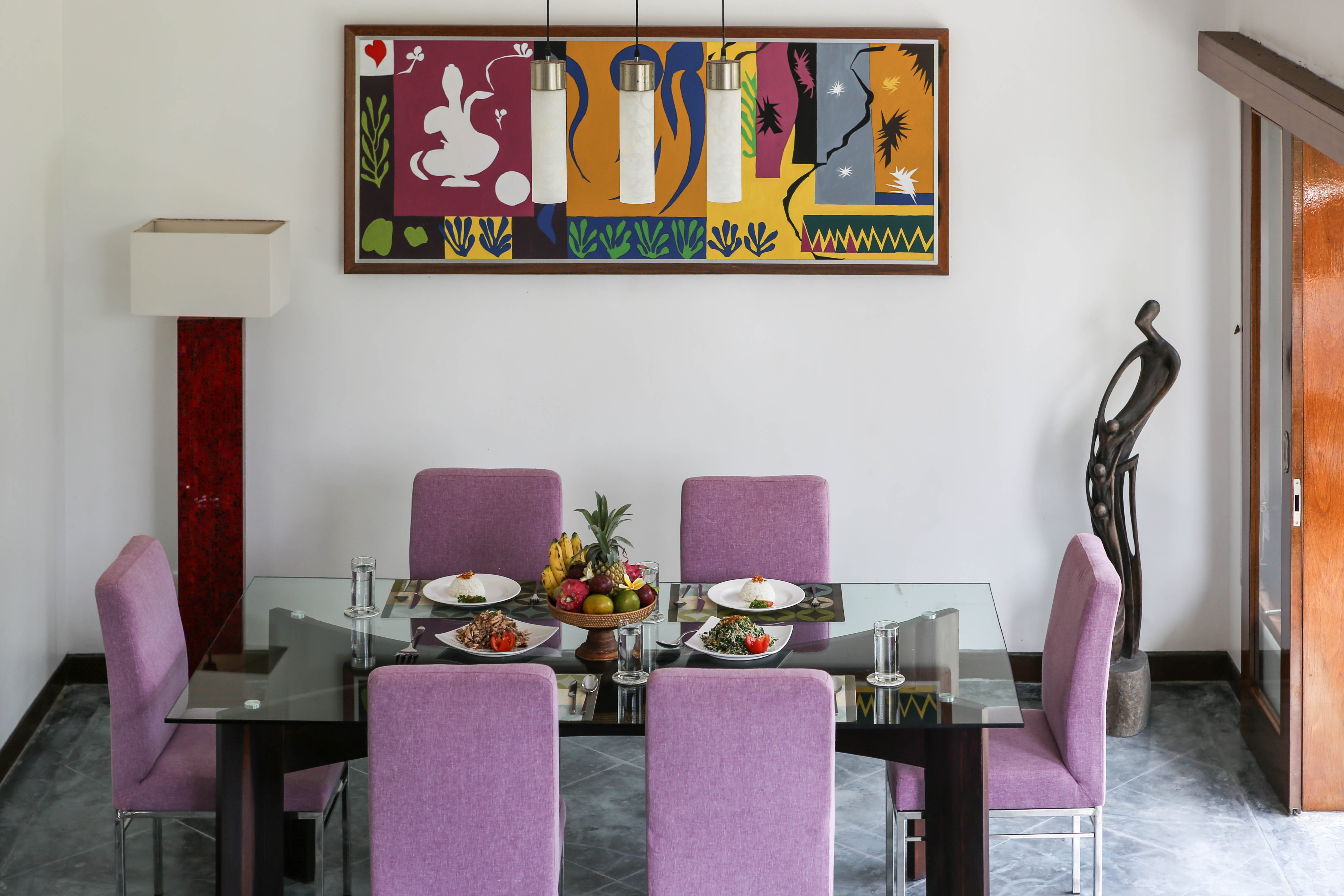 Indoor dining room with tropical garden views